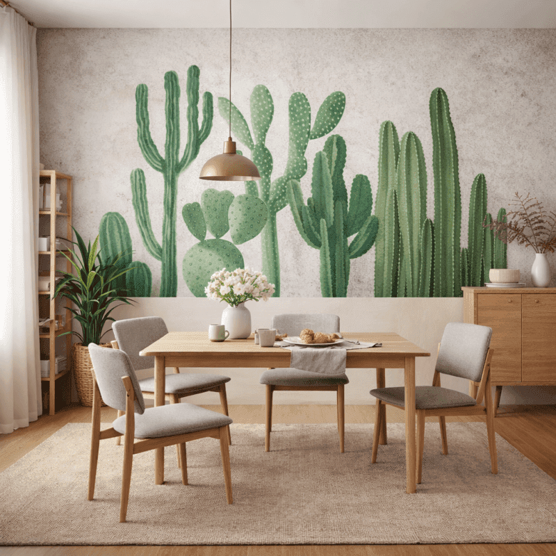 Sulu Boya KaktÃ¼s Desenli Modern Duvar KaÄÄ±dÄ±