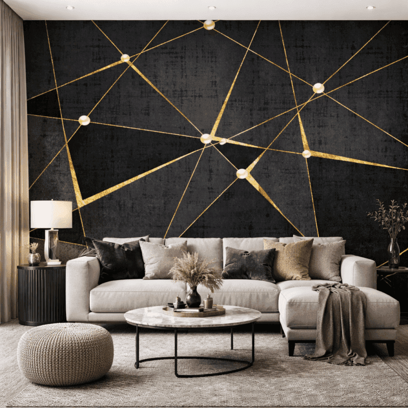 AltÄ±n Geometrik Ãizgili Siyah Modern Duvar KaÄÄ±dÄ±