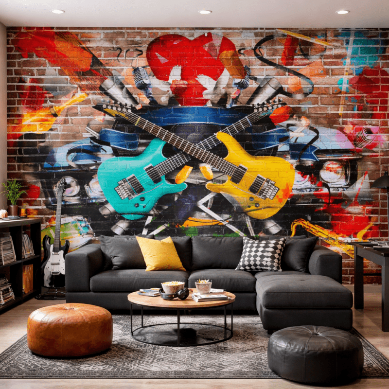 Renkli Gitar Graffiti Desenli Duvar KaÄÄ±dÄ±