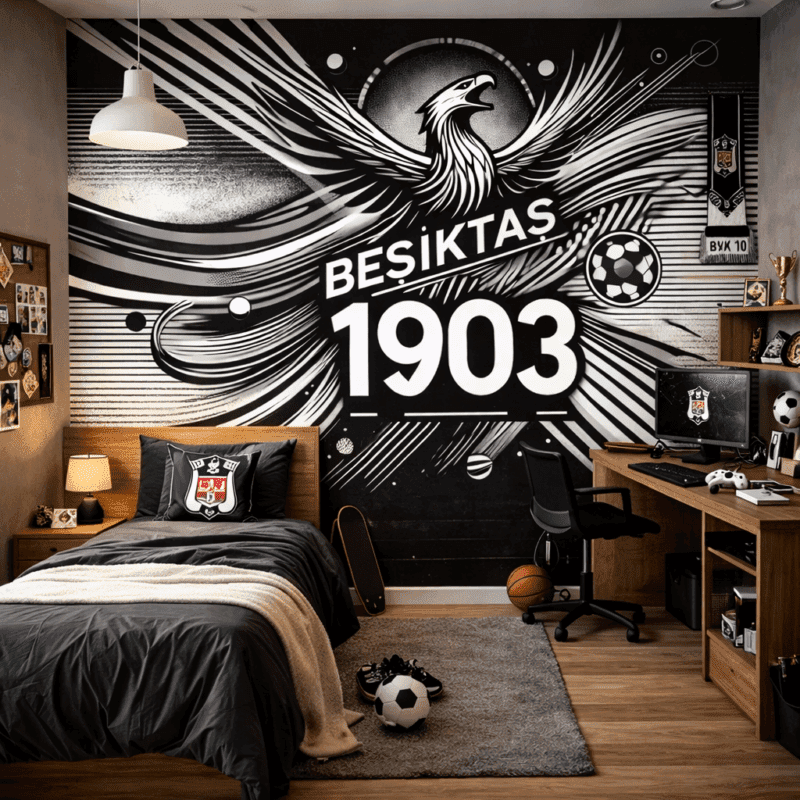 Kartal Figürlü BeÅiktaÅ Temalı Siyah Beyaz Duvar KaÄıdı