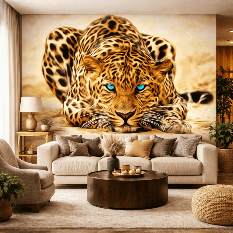 Mavi Gözlü Leopar 3D Modern Duvar KaÄıdı