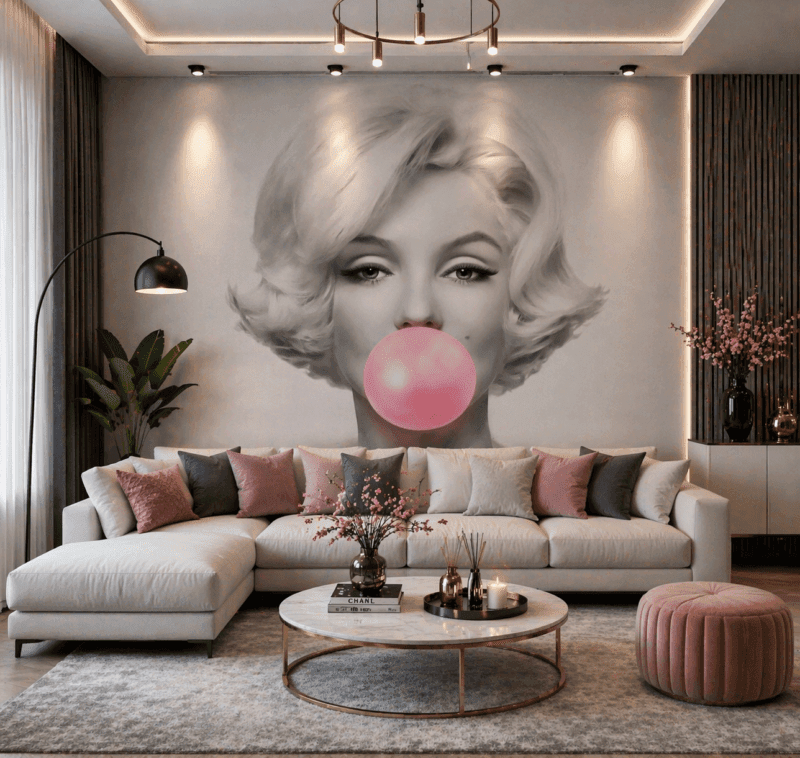 Pembe Balonlu Retro KadÄ±n Portre Duvar KaÄÄ±dÄ±