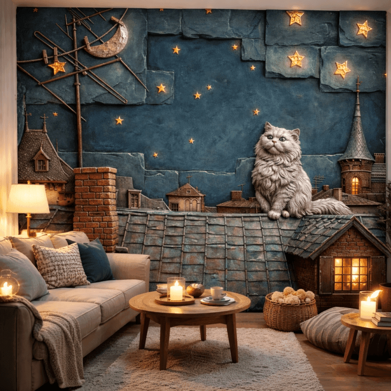Gece Åehri ÃatÄ±sÄ±nda Kedi 5D Kabartma GÃ¶rÃ¼nÃ¼mlÃ¼ duvar kaÄÄ±dÄ±
