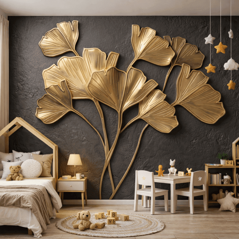 AltÄ±n Ginkgo YapraklarÄ± 5D KabartmalÄ± Duvar KaÄÄ±dÄ±