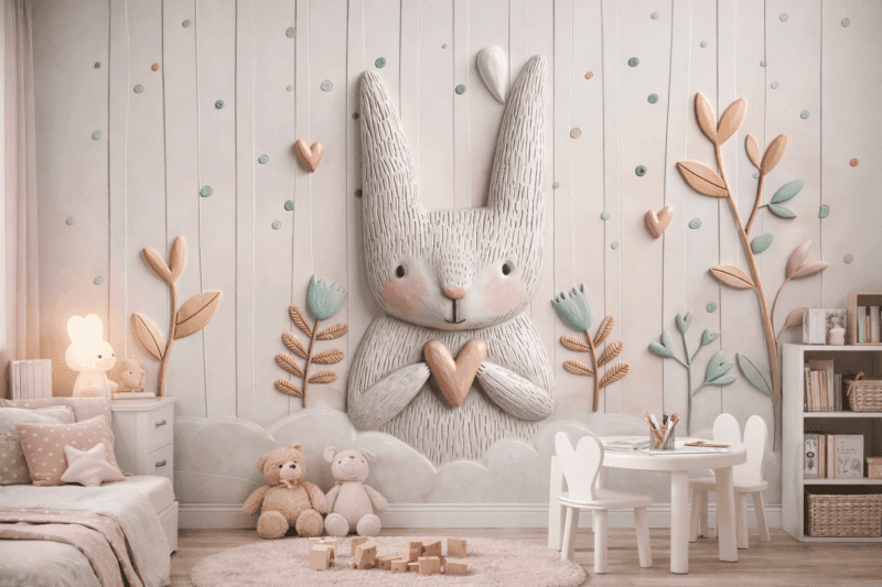 Sevimli TavÅan Kalp Temalı 5D Kabartmalı Duvar KaÄıdı