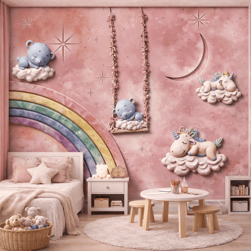 GÃ¶kkuÅaÄÄ± Ay ve Unicorn TemalÄ± 5D KabartmalÄ± Duvar KaÄÄ±dÄ±
