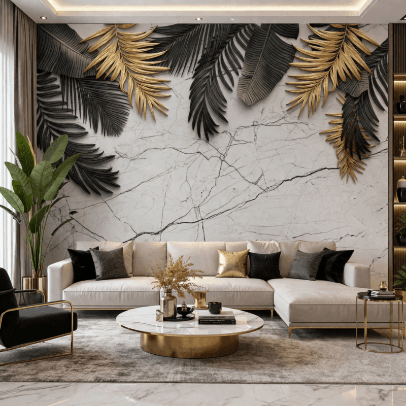 Altın Siyah Tropikal Yaprak 5D Kabartma Görünümlü duvar kaÄıdı