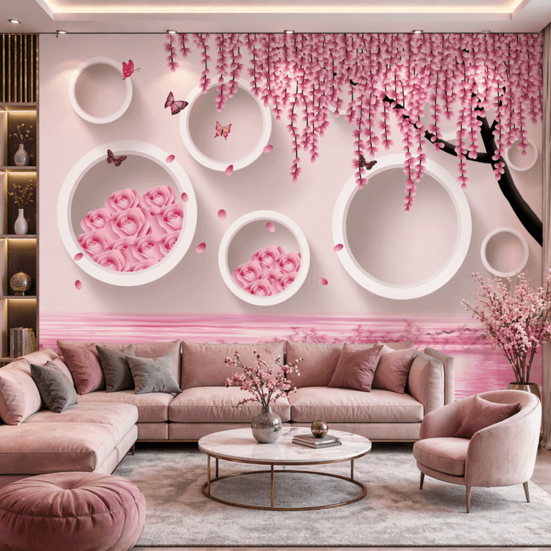 Pembe ÃiÃ§ekli 3D HalkalÄ± Duvar KaÄÄ±dÄ±
