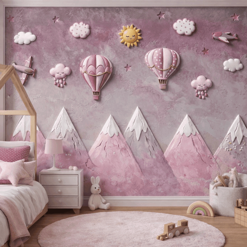 Pembe Balonlu Rüya DaÄları 5D Kabartma Görünümlü duvar kaÄıdı