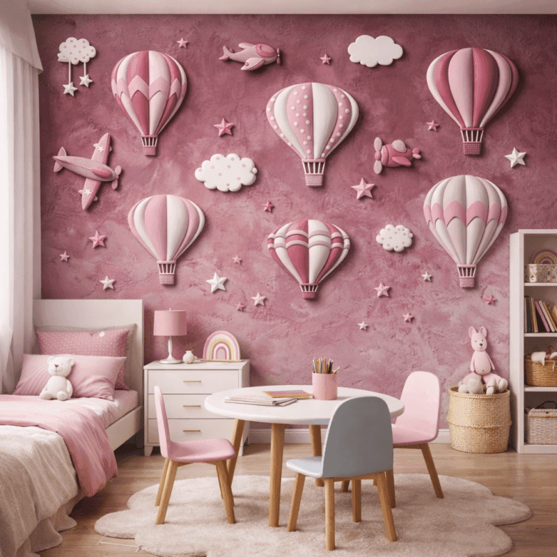 Pembe UÃ§an Balonlar ve YÄ±ldÄ±zlar 5D Kabartma GÃ¶rÃ¼nÃ¼mlÃ¼ duvar kaÄÄ±dÄ±