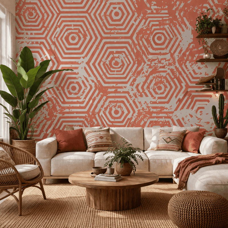 Mercan Geometrik AltÄ±gen Desenli Duvar KaÄÄ±dÄ±