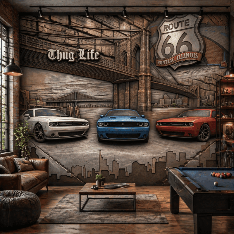 Route 66 Araba TemalÄ± 5D Kabartma GÃ¶rÃ¼nÃ¼mlÃ¼ Duvar KaÄÄ±dÄ±