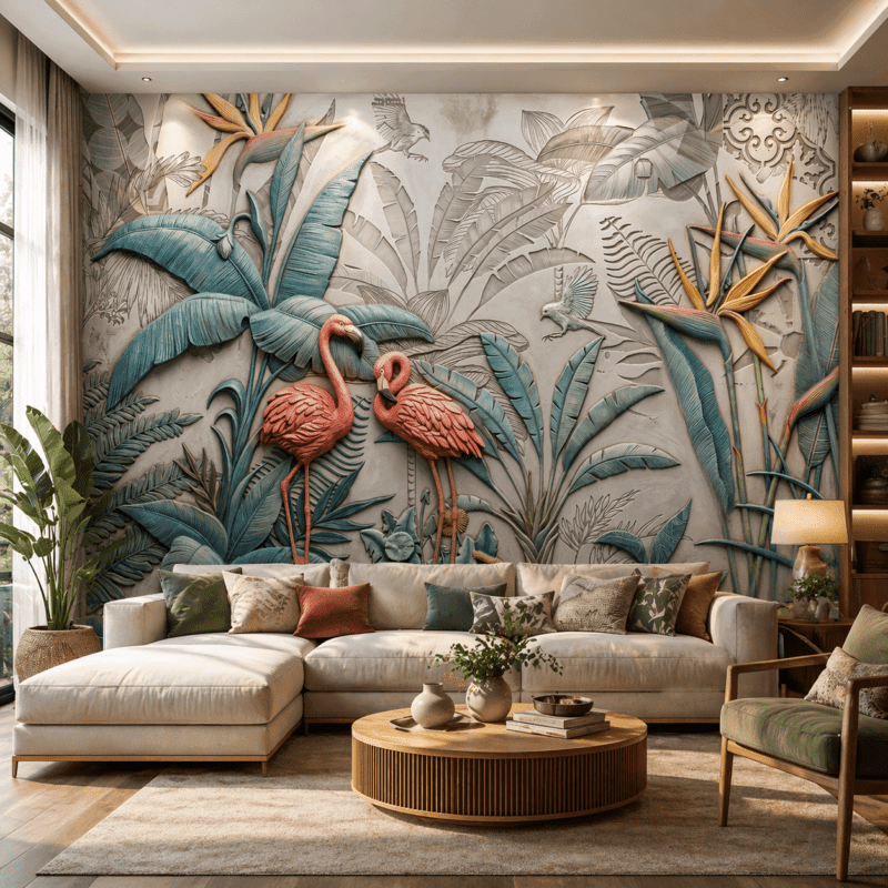 Tropikal Flamingo 5D Kabartma GÃ¶rÃ¼nÃ¼mlÃ¼ Duvar KaÄÄ±dÄ±