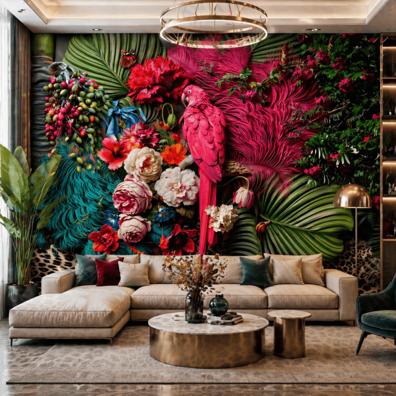Tropikal Flamingo Bahçesi 5D Kabartma Görünümlü Duvar KaÄıdı
