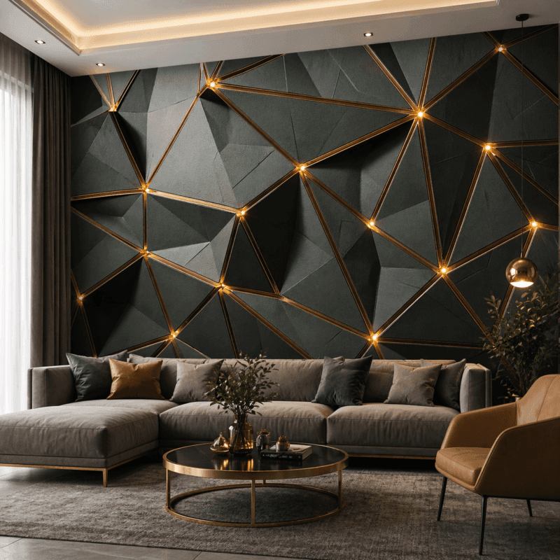Geometrik AltÄ±n Ãizgili 5D Kabartma GÃ¶rÃ¼nÃ¼mlÃ¼ Duvar KaÄÄ±dÄ±