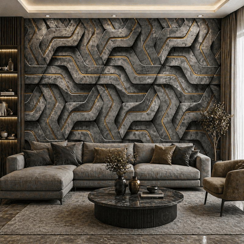 Modern Geometrik Altın Detaylı 5D Kabartma Duvar KaÄıdı