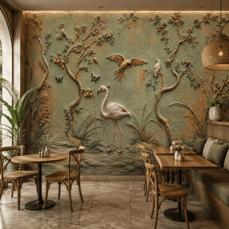 Flamingo BahÃ§esi 5D Kabartma GÃ¶rÃ¼nÃ¼mlÃ¼ Duvar KaÄÄ±dÄ±